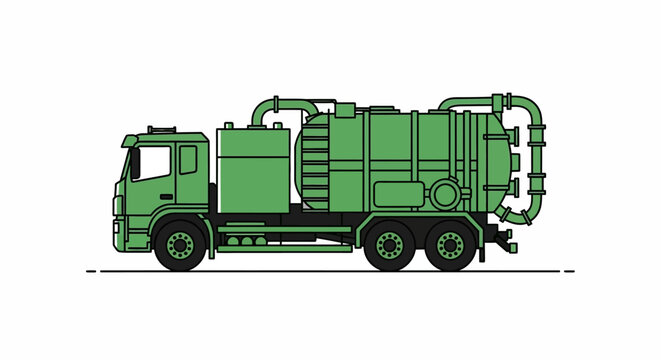 Vector illustration of a specialized green vacuum truck. An essential industrial vehicle for waste management, sanitation, and liquid removal services