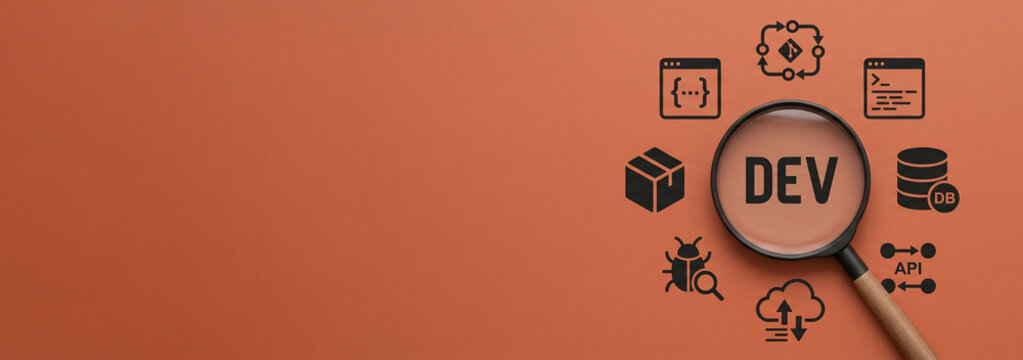 Magnifying glass focusing on software development icons on a terracotta background for tech concepts