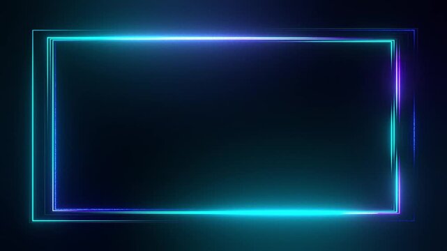 Futuristic cyber blue and cyan neon border loop on black background, technological glowing rectangle frame with empty space for sci-fi HUD or corporate digital signage