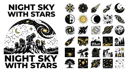 Obraz premium Vintage Night Sky with Stars Astronomy Vector Set, Hand Drawn Celestial Icons and Space Illustrations, Black and Gold Galaxy Graphics for Science Projects