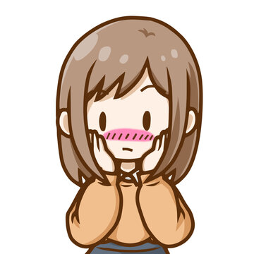 照れる若い女性のイラスト｜はにかみ・恥ずかしい表情のデフォルメ人物素材
