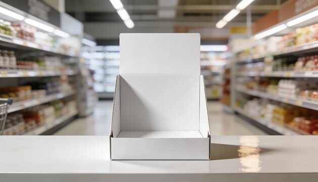 White Counter Display Box In Supermarket Aisle Mockup
