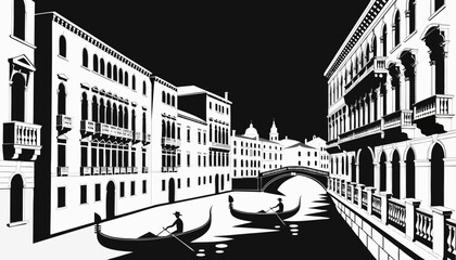 Very beautiful black-and-white vector illustration featuring Venice with gondolas gliding through engraved canals, historic palaces, elegant bridges, and a romantic monochrome atmosphere rich in archi © williamnoah