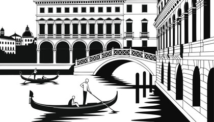 Very beautiful black-and-white vector illustration featuring Venice with gondolas gliding through engraved canals, historic palaces, elegant bridges, and a romantic monochrome atmosphere rich in archi © williamnoah