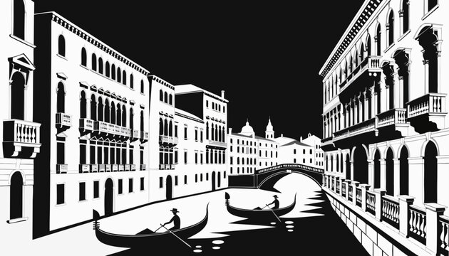 Very beautiful black-and-white vector illustration featuring Venice with gondolas gliding through engraved canals, historic palaces, elegant bridges, and a romantic monochrome atmosphere rich in archi