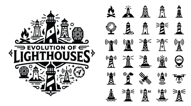 Evolution of Lighthouses vector icon set, vintage nautical navigation symbols, black and white maritime beacon collection for history and technology