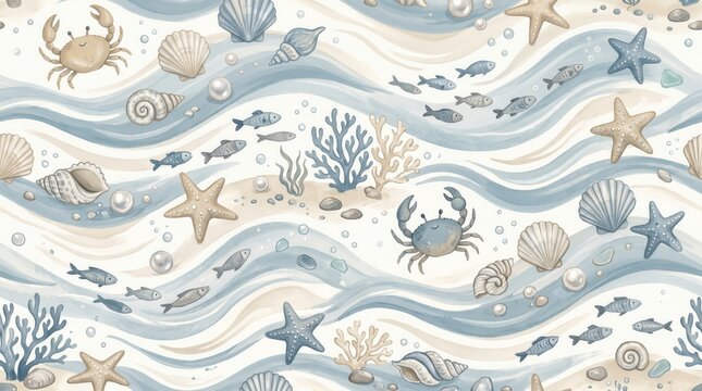 Cute underwater scene with crabs, fish, starfish, and seashells on the sandy seabed