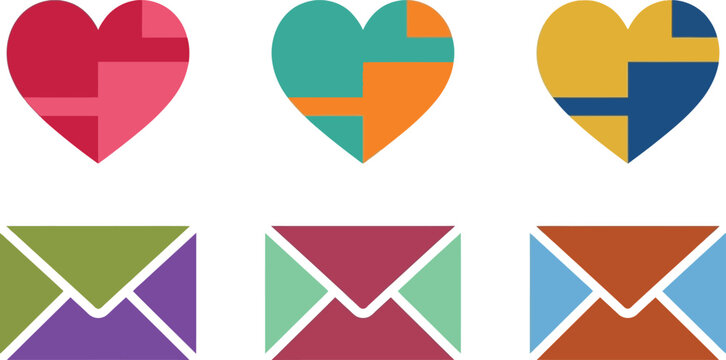 Collection of modern flat design heart and envelope icons featuring colorful geometric patterns suitable for web app and social media projects