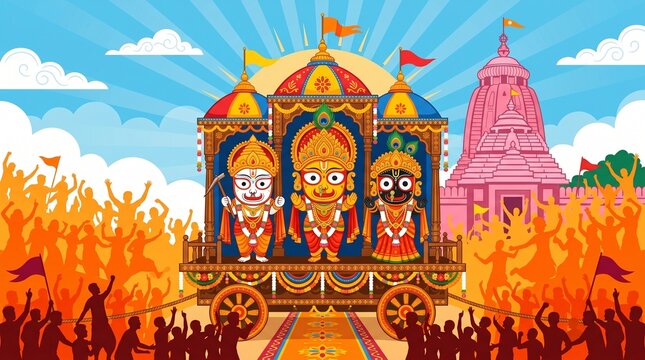 Rath Yatra car festival in Puri, Orissa, IndiaRath Yatra means Chariot Festival. with text subh rath yatra means happy rath yatra, peoples are celebrating the festival