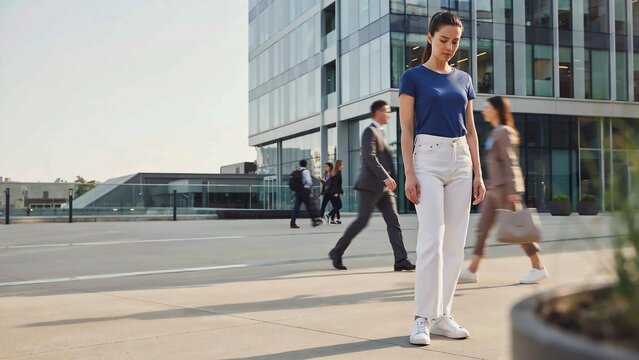 Woman in a busy city street, symbolizing alienation, feeling alone in a crowd, and modern social pressures.