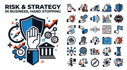 Fototapeta premium Risk and strategy in business hand stopping icons, 25 flat line vector elements for crisis management and financial protection