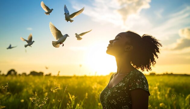 Peaceful African American woman smiling in meadow with doves at sunset