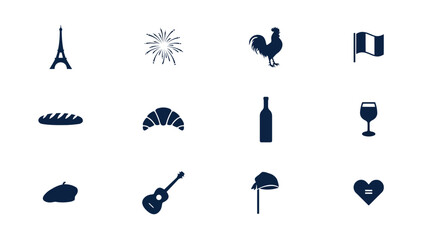 Simple dark blue icon set containing various national symbols and cultural landmarks.