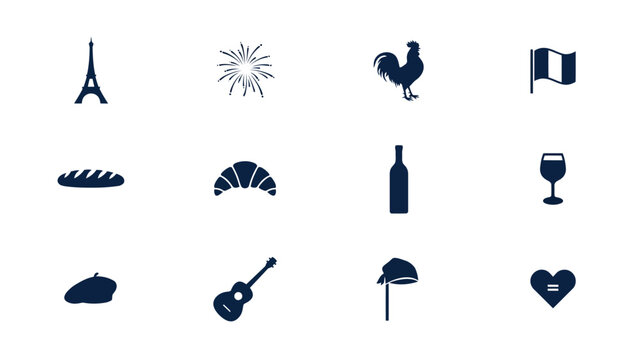 Simple dark blue icon set containing various national symbols and cultural landmarks.
