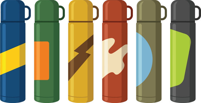Set of colorful insulated thermoses and vacuum flasks designed in a modern flat vector style with unique patterns ideal for outdoor adventures and beverage storage