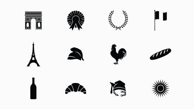 Collection of black vector icons showing various french cultural and national symbols set.