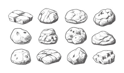 Twelve hand drawn of various textured rocks and stones natural geology © Mehedi