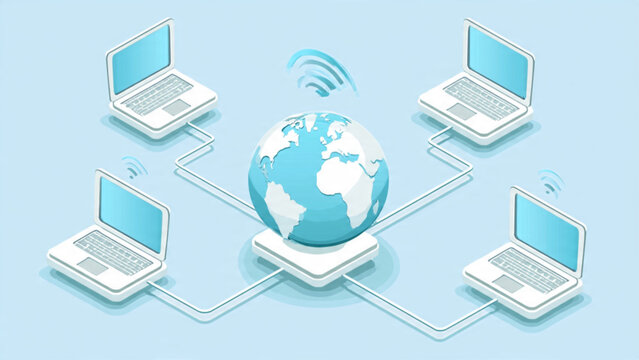 Network of Laptops Connecting to Global Globe.