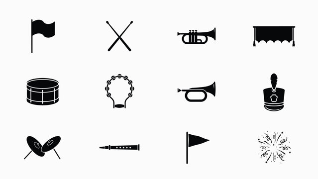 Set of black and white icons for marching band musical instruments and symbols.