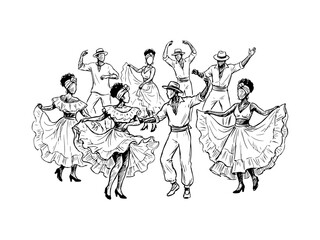 Obraz premium Hand-drawn black and white illustration of dancers in traditional Brazilian costumes performing a lively samba dance during a cultural carnival.