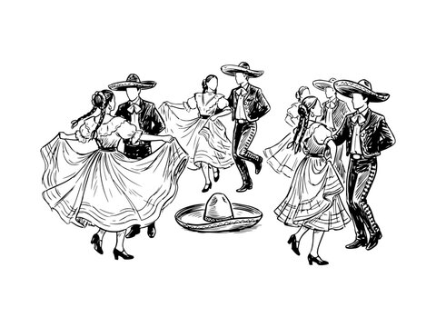 Hand-drawn black and white illustration of couples performing the traditional Mexican Jarabe Tapatio dance. Artistic sketch featuring charro outfits and flowing skirts.