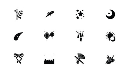 Set of asian festival icons bamboo firecrackers shooting stars moon and comet. © Shovon