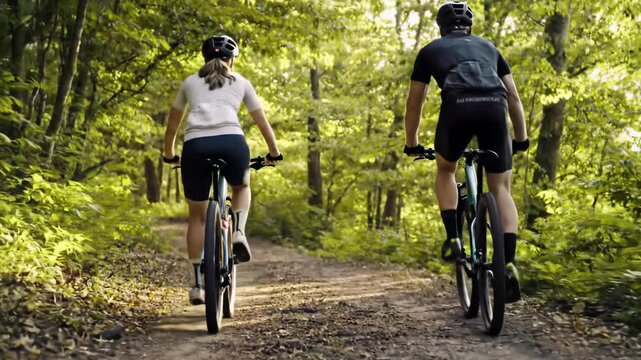 Two individuals in modern athletic wear and helmets cycle fluidly along a sun-dappled forest trail during golden hour, smooth tracking video, close-ups of wheels and pedaling feet. Concept of active
