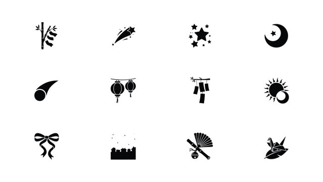 Set of asian festival icons bamboo firecrackers shooting stars moon and comet.