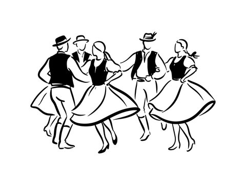 Black and white line art depicting men and women in ethnic costumes performing a traditional Central European folk dance.