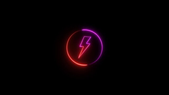 Neon glowing battery charging icon animation with neon circle. Neon power button icon color glowing colorful animation in black background, 4k vieo.