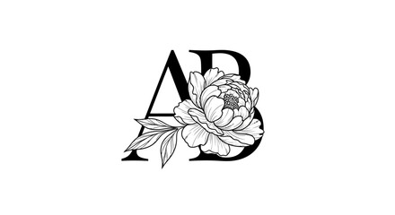 Elegant monogram A B with black outline peony flower © Sari