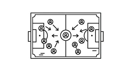 A minimalist line art illustration of a soccer field with player icons and tactical movement arrows. © kasiman
