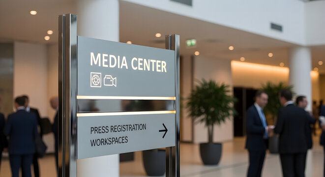 Media Center and Press Registration Signboard at Corporate Conference