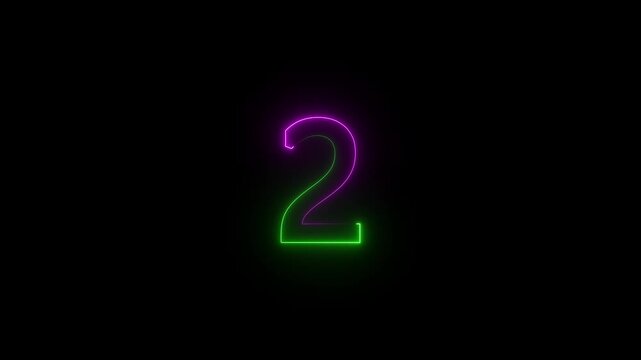 glowing neon text 2 number countdown icon animation on black background.