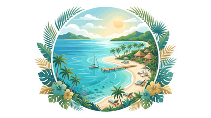 Obraz premium Tropical island beach scene with palm trees and ocean view in circle frame