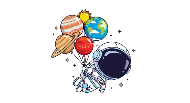Astronaut floating with colorful balloons and planets in space