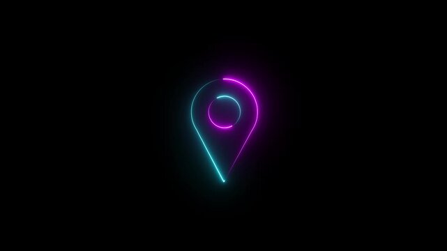 Abstract location glowing neon icon fast tracking map pin icon animation on black background.