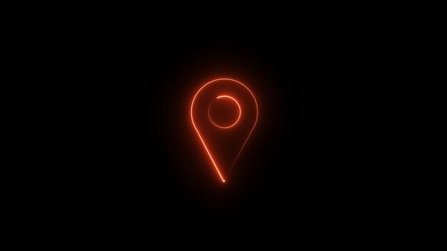 Abstract location glowing neon icon fast tracking map pin icon animation on black background.