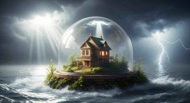 A house protected inside a glass dome on a small island amidst a stormy sea with lightning.