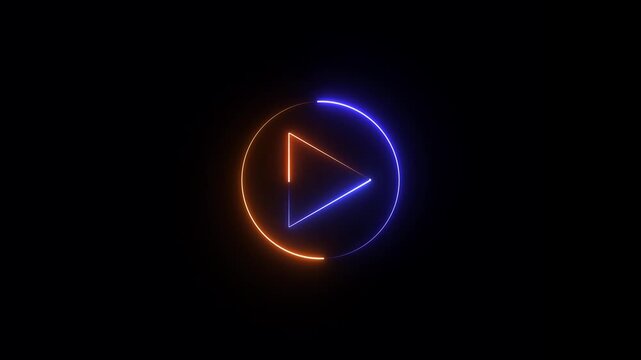 Neon glowing Play button animation on black background. Play button icon neon animation. Music play button icon animation.