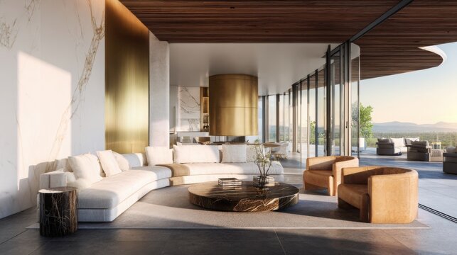 breathtaking luxury living space where furniture, architecture, lighting and decor exist in perfect harmony, masterful composition, golden hour