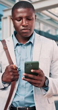 Travel, businessman and stress with phone outdoor for market crash, margin fall and financial loss. Commute, black person and panic with trading app for price movement, breaking news alert and worry
