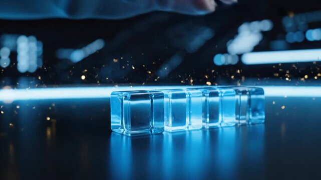Glowing blue glass cubes emit light on a dark surface with technology background