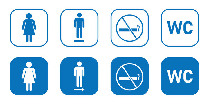 Different types of WC icon isolated on white background. Graphic WC icon with male, female, no smoking and toilet template for the guide people in public spaces.