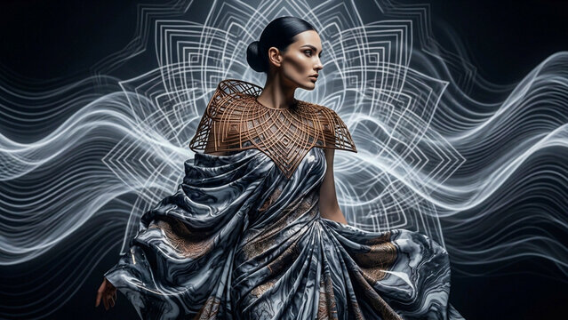 A sophisticated woman posing gracefully, wearing a high-fashion, flowing marble-patterned gown with a complex, structural gold collar, set against an abstract background of glowing white lines