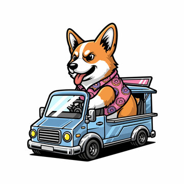 Cute corgi dog driving a food truck wearing a Hawaiian shirt.