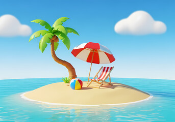 Obraz premium 3D island paradise with palm tree and beach umbrella
