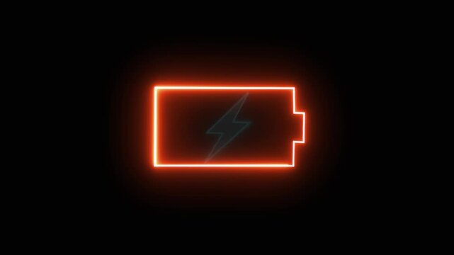 Glowing neon battery icon animation with red lightning blinking bolt on black background.