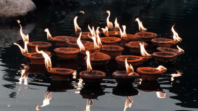 Floating terracotta oil lamps with flickering flames on dark rippling water at night, traditional ceremony celebration