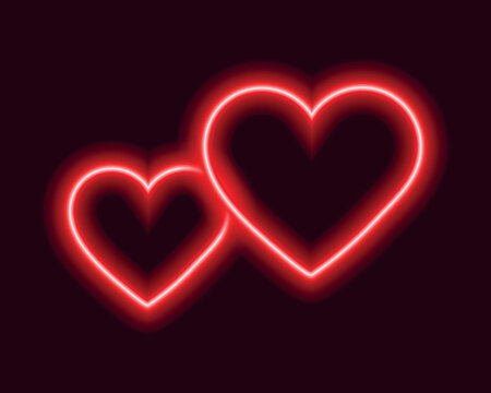 Two glowing red neon hearts on dark background with valentines, background
